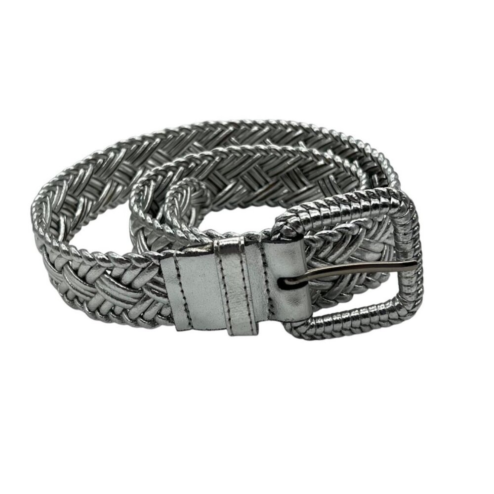 Vtg Metallic Silver Braided Leather Belt Woven Buckle Design Women Size Small